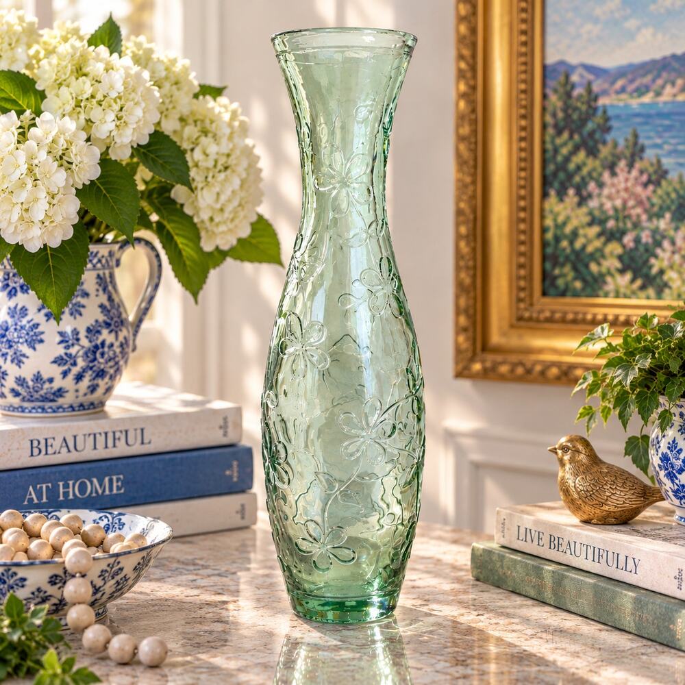 Vintage 1990s Green Recycled Glass Vase Embossed Floral Daisy 15.75" Tall